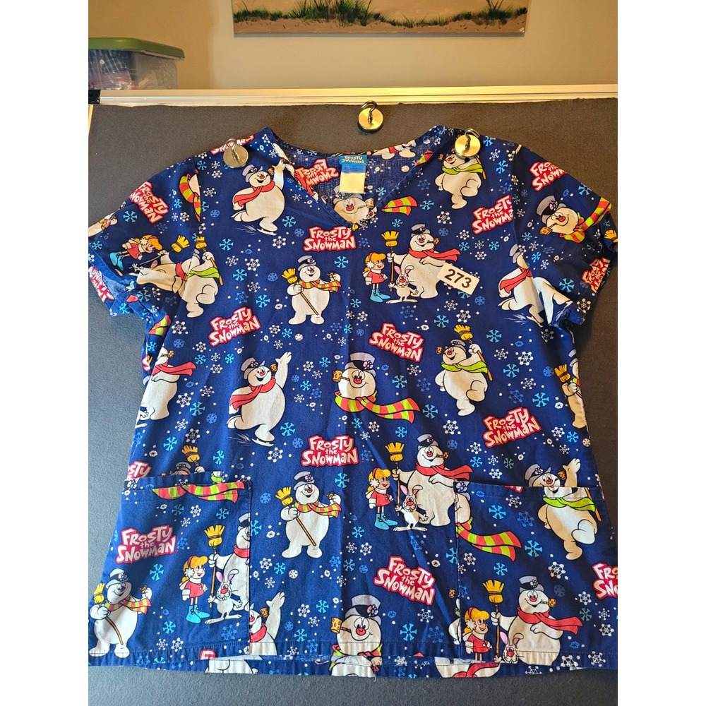 Frosty the Snowman Women's Patterned Medical Scrub Top XL Cotton Multicolor